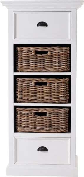 NOVASOLO Halifax Grand lipasto, jossa 2 laatikkoa ja 3 rottinkikoria - valkoinen mahonki ja antiikkimessinki