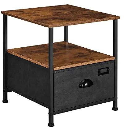 SONGMICS yöpöytä, jossa 2 hyllyä ja 1 laatikko - rustiikkinen ruskea MDF ja musta keinomokkanahka/metalli (41x41)