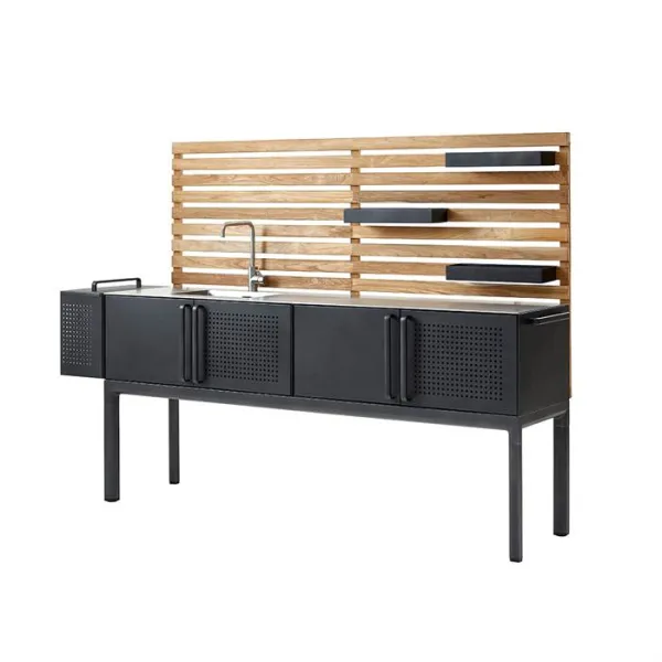 Cane-Line Drop ulkokeittiö, sisältää kolme hyllyä + tiikkitaso